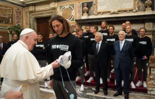Pope Francis meets a delegation from the Pro Recco Waterpolo 1913 Team at the Vatican, April 22, 2021. Vatican Media